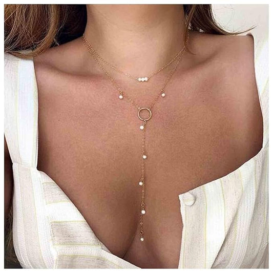 Boho Circle Pearl Lariat Necklace Gold Long Lariat Chain Necklace Tiny Pearl Choker Necklace Drop Pearl Chain Y Necklace Jewelry for Women and Girls Gifts-Velvo Beauty