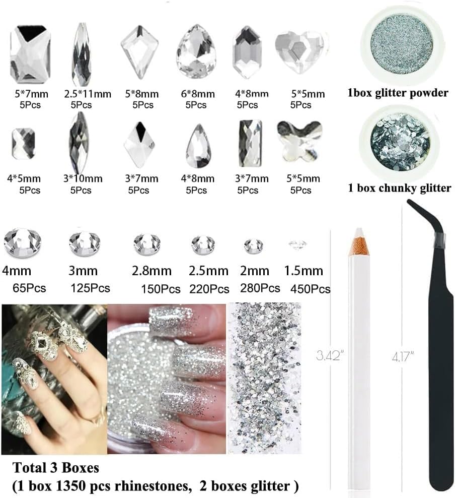 3 Boxes Silver Nail Rhinestones with Fine Glitters Kit, 60Pcs Big Assorted Silver Nail Gems with S6-S16 Flatback Round Stones,Crystals Nail Gem Stones for Faces Body DIY Crafts-Velvo Beauty