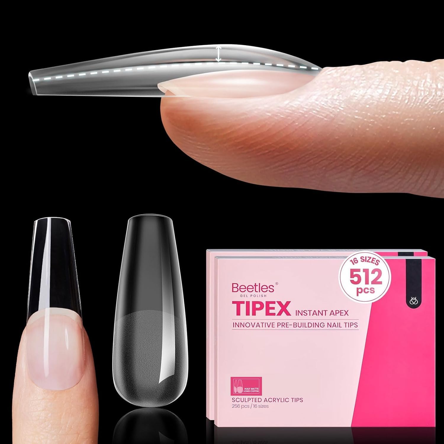 Beetles Tipex Instant Apex Nail Tips, 2 Boxes 256 PCS (Total 512 PCS), Pre-etched Long Coffin Acrylic Gel Nail Tips, Thick Clear Full Cover False Nails-Velvo Beauty