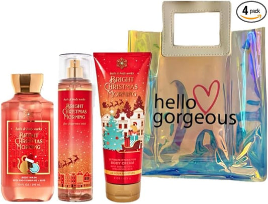 Bath & Body Works - 3 Piece Bundle - Spray - Body Cream - Shower Gel - Full Size and Gift Bag HELLO GORGEOUS (Bright Christmas Morning)-Velvo Beauty