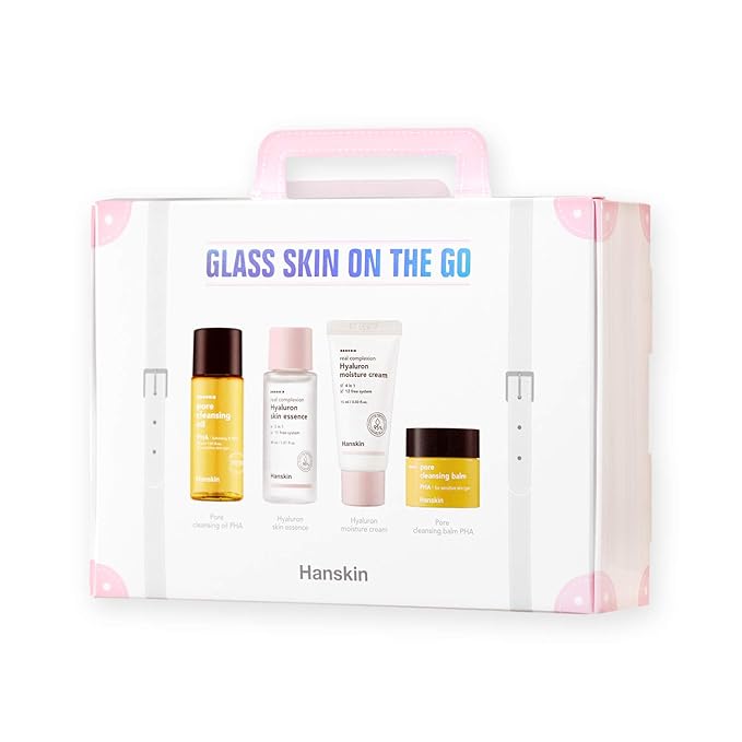 Hanskin Glass Skin On The Go Kit, Travel Friendly Hydrating Skincare Set for Glowing Skin, Cleansers, Skin Essence Toner and Moisturizer, Korean Skin Care [Set of 4 / 30 ml each]-Velvo Beauty