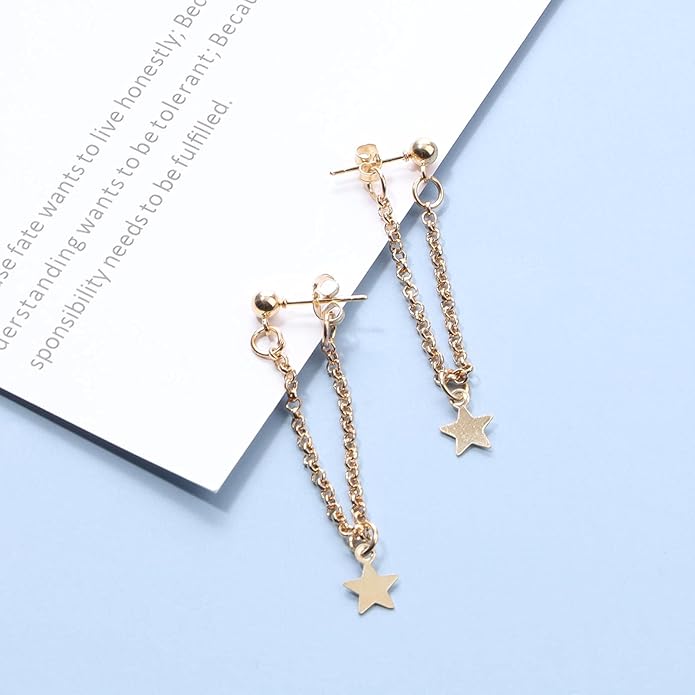 Boho Star Chain Earrings Gold Star Drop Dangle Earrings Drop Chain Star Studs Earrings Personlized Ear Threaders Earrings Jewelry for Women-Velvo Beauty