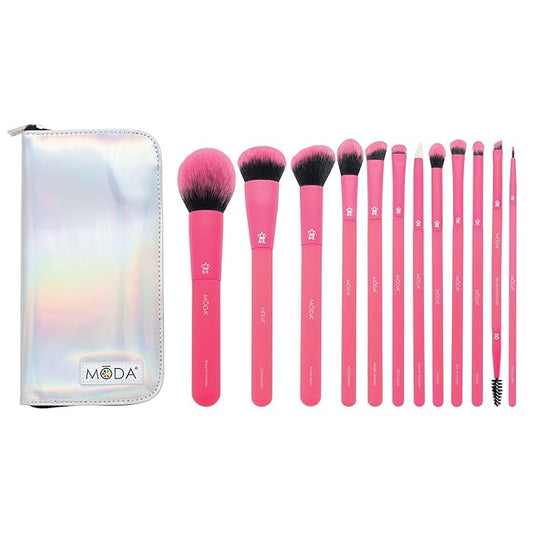 MODA Totally Electric Neon Full Face Makeup Brush Kit – 13pc Vibrant Brush Set for Face & Eyes with Zip Case (Neon Pink)-Velvo Beauty