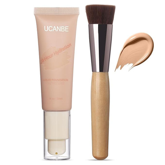 UCANBE Matte Liquid Foundation with Brush, Serum Foundation Face Makeup with Hyaluronic Acid, Medium to Full Coverage Waterproof Oil Control Longwear, for Mature Skin, Classic Ivory, 1 fl. oz.-Velvo Beauty