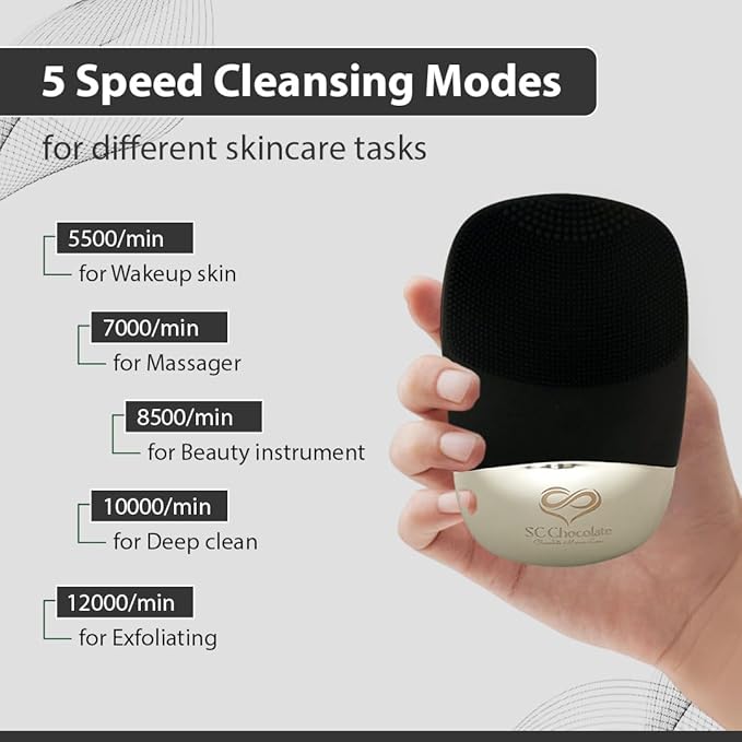 Facial Cleansing Brush | 3-in-1 Electric Face Scrubber | USB Rechargeable Face Cleansing Brush | IPX7 Waterproof | Blackhead Remover | Deep Cleansing & Exfoliating (Black)-Velvo Beauty