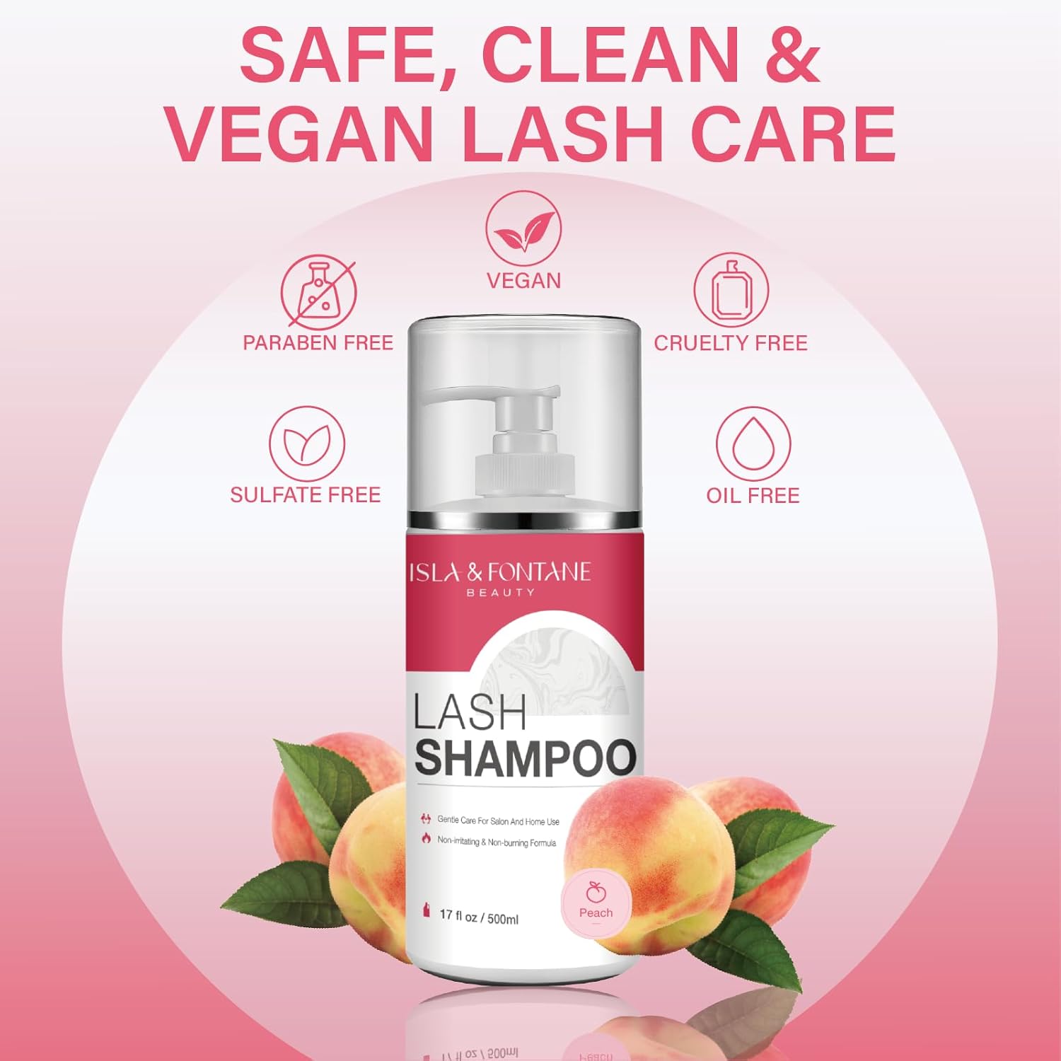 ISLA & FONTANE Lash Shampoo Bulk – Multi-Scent Series – 17 fl oz / 500ml | Gentle Eyelash Cleanser for Lash Extensions | Non-Irritating | Professional Lash Bath Foam For Salon And Home Use (Peach)-Velvo Beauty