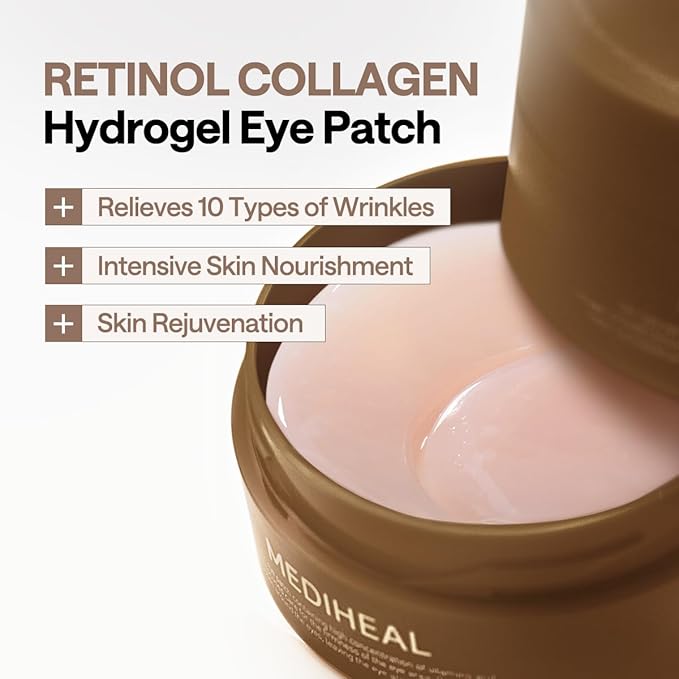 Mediheal Retinol Collagen Under Eye Patches - Korean Hydrogel Eye Pads (60 patches) with 95% Retinol & 5 Micro Collagen. Nourishing & Non Irritating Eye Gel Mask. Sealing Cap & Spatula Included.-Velvo Beauty