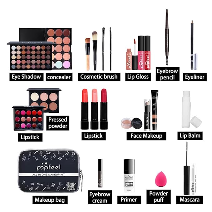 All In One Makeup Kit for Women Full Gift Surprise Makeup Set Includes Makeup Brush Set Eyeshadow Palette, Lip Gloss Set, Liquid Lipstick, Makeup Sponge, Foundation, Concealer, Eyebrow Pencil, Blush-Velvo Beauty