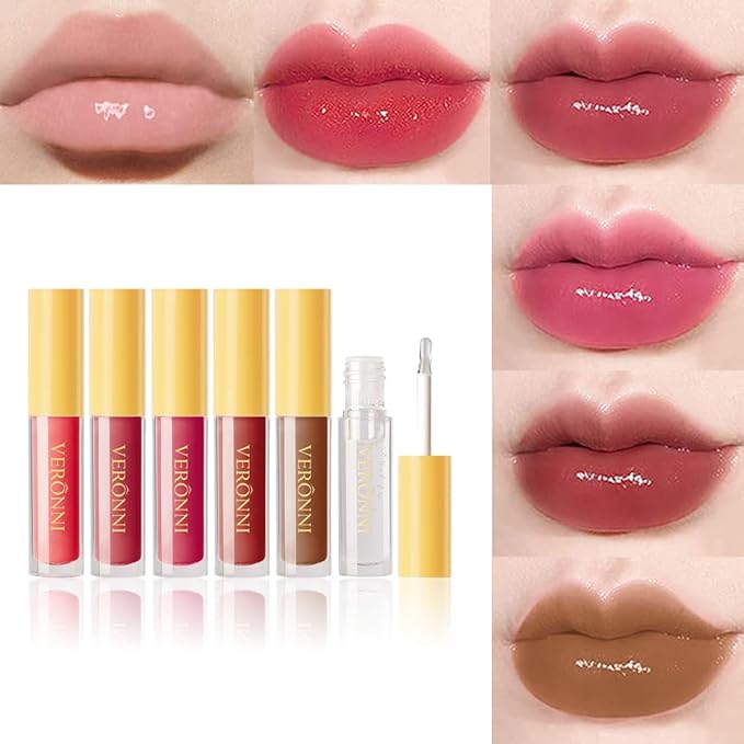 VERONNI 6 Colors Lip Tinted Stain Gloss Set,Hydrating Plumping Liquid Lipstick Set,Moisturizing Clear Lip Oil For Dry Lips,Nourishing Water Glossy Glass Lip Oil Gloss Lip Tint (6 Colors)-Velvo Beauty