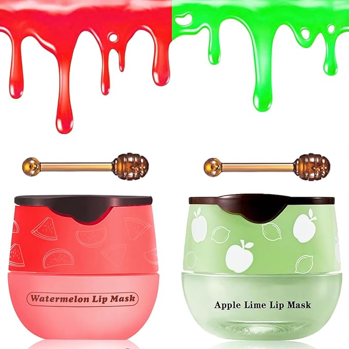 2 PCS Bee Lip Balm Honey Pot, Watermelon & Apple Lime Sleeping Lip Mask Overnight, Hydrating Prevention Dry and Cracked Lip Scrub, Reduces Lip Lines, Brightening Lip Color-Velvo Beauty