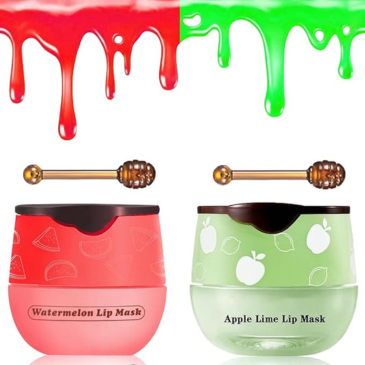 2 PCS Bee Lip Balm Honey Pot, Watermelon & Apple Lime Sleeping Lip Mask Overnight, Hydrating Prevention Dry and Cracked Lip Scrub, Reduces Lip Lines, Brightening Lip Color-Velvo Beauty