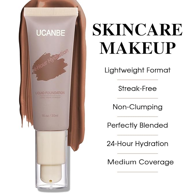 UCANBE Matte Liquid Foundation with Brush, Skincare Serum Foundation Face Makeup with Hyaluronic Acid, Medium to Full Coverage Waterproof Oil Control Longwear, for Mature Skin, Cocoa, 1 fl. oz.-Velvo Beauty