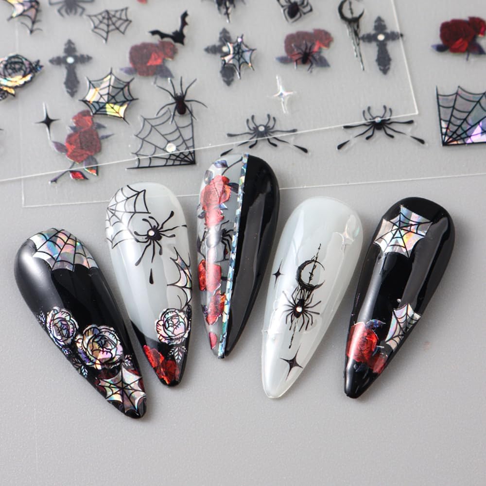6 Sheets Halloween Nail Stickers Decals, 3D Spider Nail Sticker Decoration Self-Adhesive Colorful Red Rose Flowers Spider Web for Nails Stickers DIY Manicure Art Halloween Decoration-Velvo Beauty