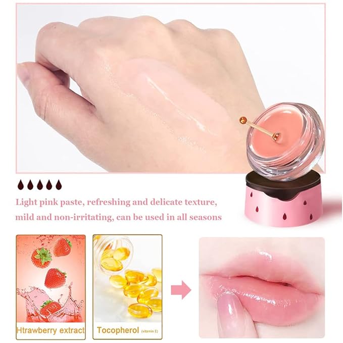 Strawberry Lip Balm Honey Pot, Hydrating Prevention Dry and Cracked Lip Scrubs Exfoliator, Reduces Lip Lines, Moisturizing Lip Balm Sleeping Lip Mask-Velvo Beauty