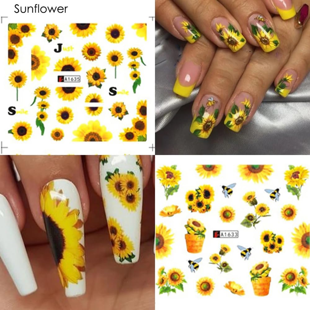 Sunflower Nail Stickers Decals Spring Summer Nail Art Water Transfer Floral Butterfly Honeybee Yellow Flower Supplies Cute Accessories for Women Girls 12Pcs-Velvo Beauty