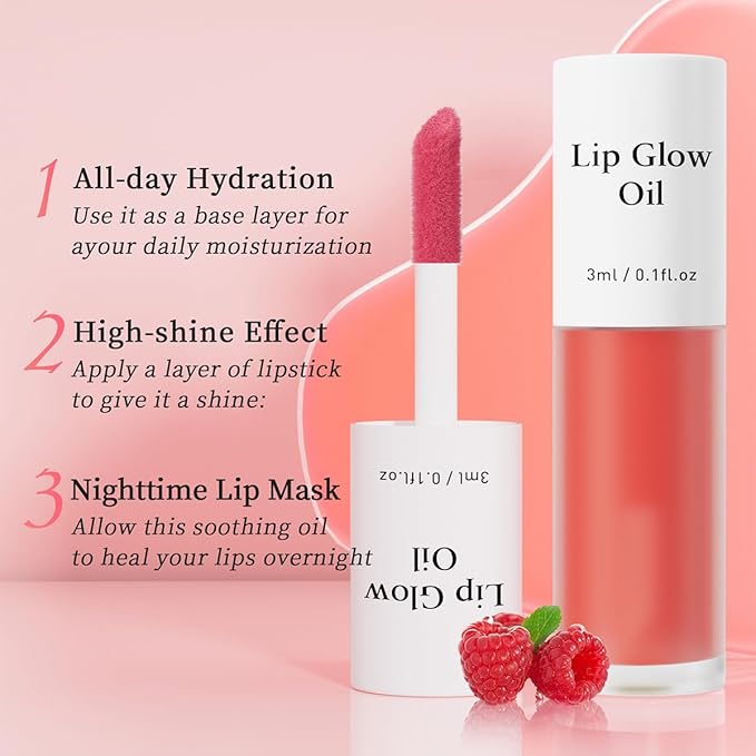 Plumping Lip Oil, Long Lasting Hydrating Lip Stain Lip Balm Raspberry Fruit Revitalizing, Transparent Lip Care Oil for Dry Lip (Raspberry Red)-Velvo Beauty