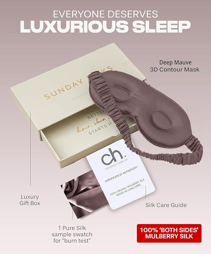 SUNDAYSILKS™ 3D Contoured Silk Sleep Mask | Padded Silk Eye Mask with Eye Cups for Lash Extensions | Blackout, Organic for Women & Men, Perfect for Travel, Slip-Free Deep Sleeping, Antifaz para Dormir-Velvo Beauty