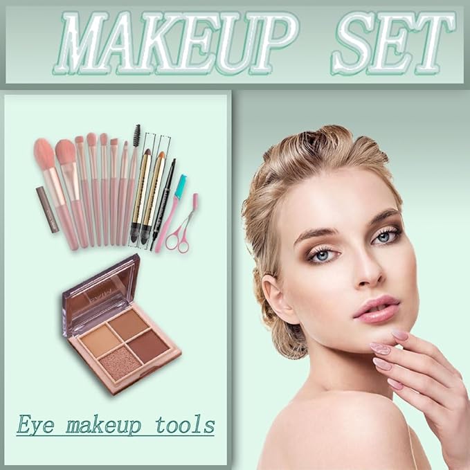 All-In-One And Portable Beginner Makeup Kit, Including Mascara, Eyeshadow Pencil, Eyeshadow Palette, Beauty Brush Set, Eyebrow Shaping Set And Other Props-Velvo Beauty