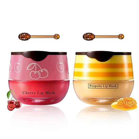 2PCS Bee Lip Balm Honey Pot Cherry Honey Lip Balm Sleeping Lip Mask Silky Hydrating Bee Lip Balm Honey Lip Mask Overnight Lip Care Products(Honey+Cherry)-Velvo Beauty
