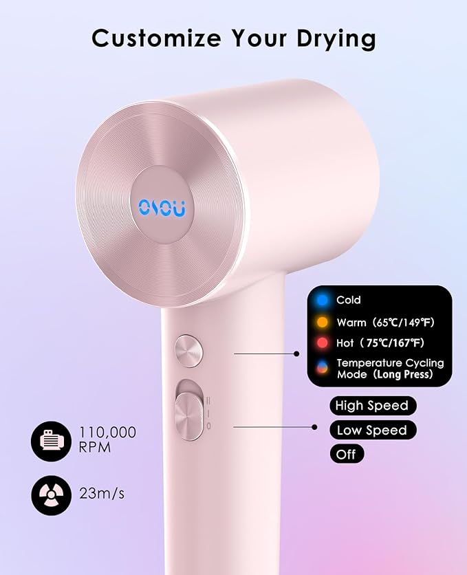 Hair Dryer with Diffuser for Curly Hair, Negative Ionic Hairdryer, High-Speed Blow Dryer with 110, 000 RPM Brushless Motor, Fast Drying Lightweight Travel Hairdryer, Low Noise Quiet Hair Dryers-Velvo Beauty