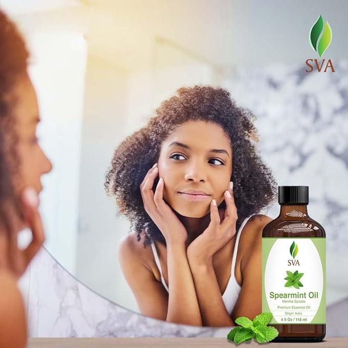 SVA Spearmint Essential Oil – 4 Fl Oz – 100% Natural Spearmint Oil - for Diffuser, Hair Care, Face, Skin Care, Aromatherapy, Scalp and Body Massage, Soap and Candle Making – with Dropper-Velvo Beauty