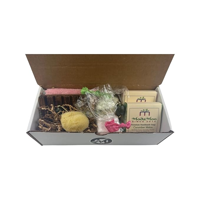 ModaMoo's Day Spa Gift Box Set. Cucumber Melon and Asian Tea Blossom Soaps, Jade Roller, Sea Sponge, and More-Velvo Beauty