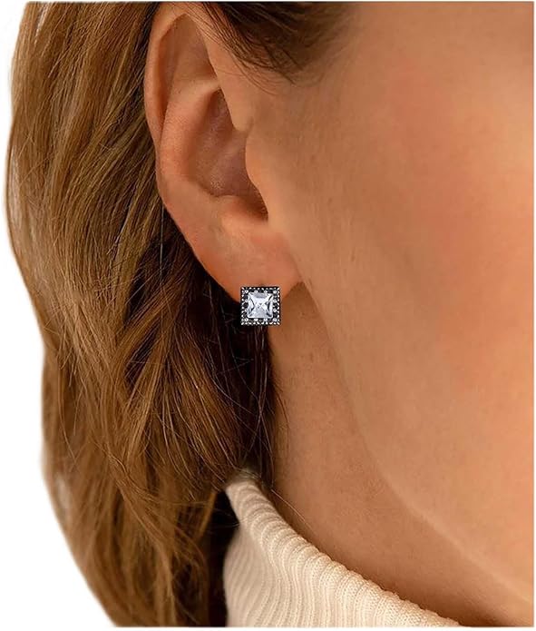 Boho Tiny Crystal Square Earrings Silver Cz Square Earrings Cz Rhinestone Square Stud Earrings Silver Geometric Earrings Jewelry for Women and Girls-Velvo Beauty