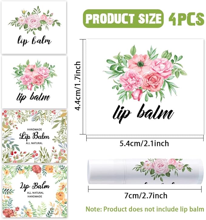 OLYCRAFT 100Pcs 4 Styles Flower Lip Balm Labels Stickers 2.1x1.7 inch Self-Adhesive Favor Lip Balms Flower Stickers with Handmade Words for Lipstick Wrapping Decorations Birthday Party Supplies-Velvo Beauty