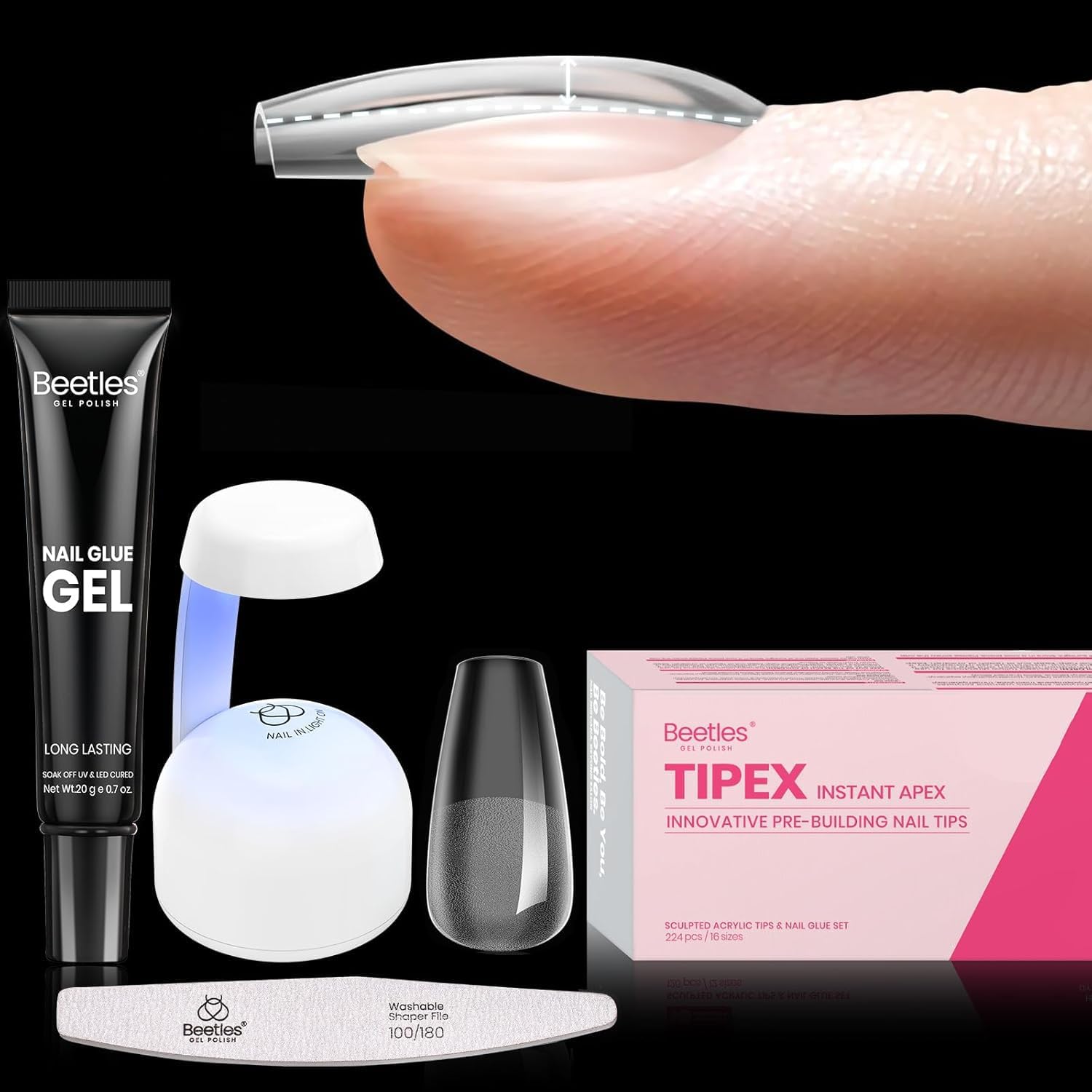 Beetles Tipex Gel Nail Kit Short Coffin Instant Apex Nail Tips, 224 Pcs 16 Sizes Pre-Building Pre-Etched False Nail Tips with Tipex Uv Nail Glue,Mini Nail Lamp-Thick Acrylic Nail Set-Velvo Beauty