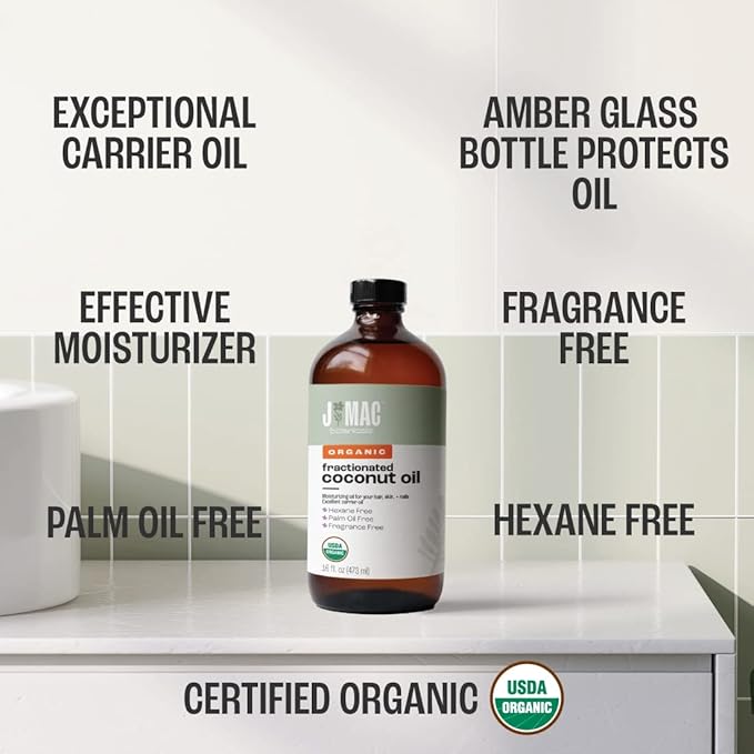 J MAC BOTANICALS Organic Fractionated Coconut Oil (16 Ounce Glass Bottle) Organic Carrier Oil and for DIluting Essential Oils, Moisturizer, Hair Care-Velvo Beauty