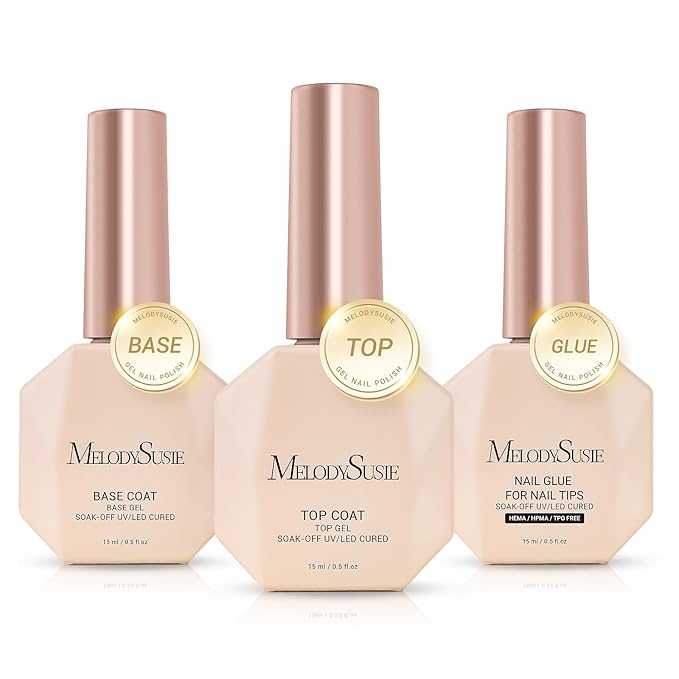 MelodySusie No Wipe Glossy Top Coat Base Coat Nail Glue Set Long Lasting Shine Finish Soak Off UV LED Nail Lamp Nail Art Design Manicure Kit Perfect Gifts for Women Girls 3 Pcs 15ml Clear-Velvo Beauty
