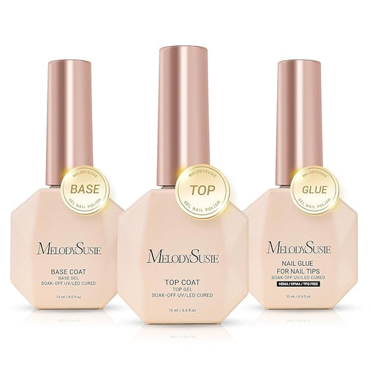 MelodySusie No Wipe Glossy Top Coat Base Coat Nail Glue Set Long Lasting Shine Finish Soak Off UV LED Nail Lamp Nail Art Design Manicure Kit Perfect Gifts for Women Girls 3 Pcs 15ml Clear-Velvo Beauty