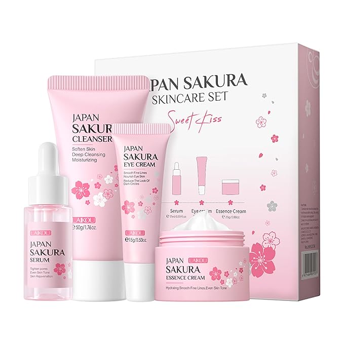 Skin Care Set JAPAN SAKURA Beauty Gift Sets Skin Care Kit with Cleanser, Serum, Eye Cream, Face Cream Travel Kit for Women Mom Wife Teen Girls Gentle Skin Cleaning TSA-friendly Sizes 4pcs-Velvo Beauty