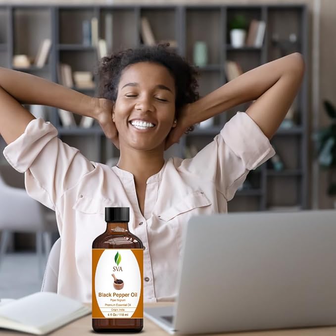 SVA Black Pepper Essential Oil – 4 Fl Oz – 100% Natural Black Pepper Oil - for Diffuser, Hair Care, Face, Skin Care, Aromatherapy, Scalp and Body Massage, Soap and Candle Making – with Dropper-Velvo Beauty