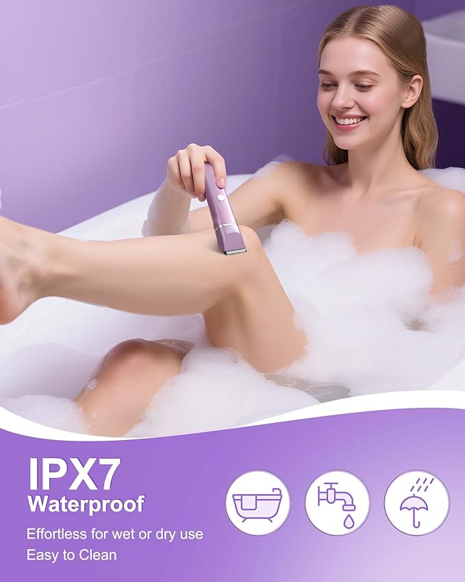 Dermave Bikini Shaver - 2 in 1 Waterproof Bikini Trimmer for Women Cordless Electric Razors for Women, Dry/Wet Use for Bikini, Armpit, Face, Rechargeable Shaver with Detachable Head, Pearl Purple-Velvo Beauty