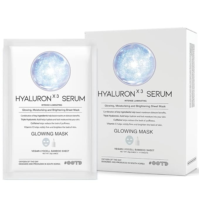#OOTD Triple Hyaluron Hydrating Mask for Dry and Sensitive Skin, Anti Aging, Tightening and Moisturizing, Korean Vegan Beauty, Hyaluronic Acid, Caffeine, Vitamin C 10EA-Velvo Beauty