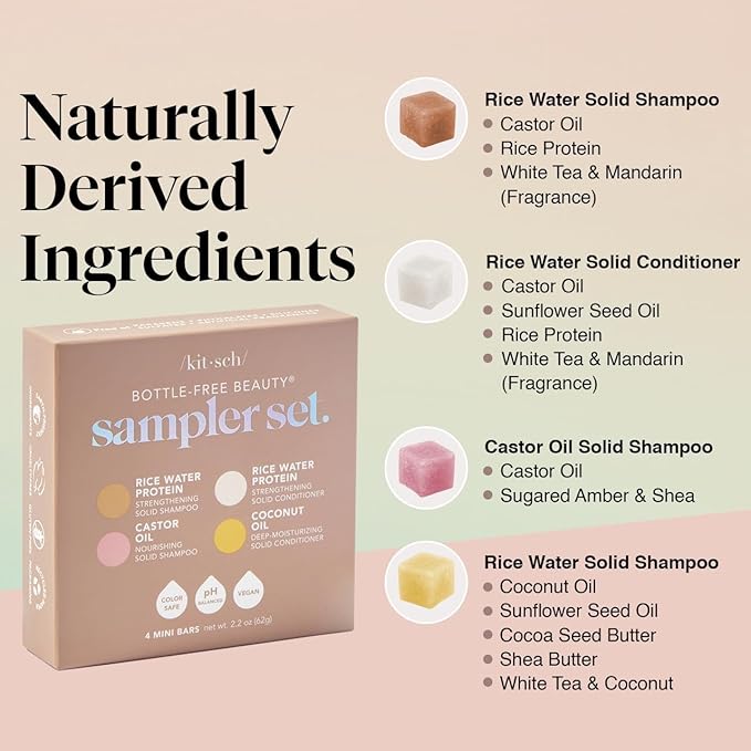 Kitsch Shampoo and Conditioner Set - 4pc Sampler Bars with Rice Water Shampoo and Conditioner, Castor Oil Shampoo & Coconut Oil Conditioner - Bottle-Free Beauty for Hair Growth, Repair & Moisture-Velvo Beauty