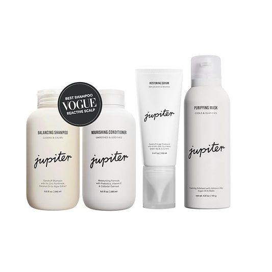 Jupiter Oil Control & Exfoliation Bundle, Anti-Dandruff Shampoo, Conditioner, Restoring Serum, & Purifying Mask for Women & Men, Dermatologist-Formulated for Flaky, Itchy, Oily, & Dry Scalp-Velvo Beauty