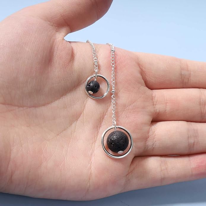 Boho Lava Stone Necklace Chain Silver Layered Chain Y Necklace Lava Bead Lariat Necklace Anxiety Essential Oil Diffuser Necklace Jewelry for Women-Velvo Beauty