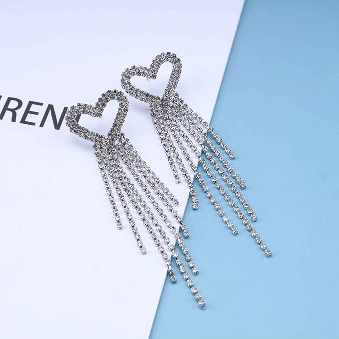 Boho Rhinestone Heart Tassel Earrings Long Tassel Chain Dangle Earrings Silver Crystal Cz Love Heart Studs Earrings Long Chandelier Dangle Earrings Wedding Cz Fringe Chain Earrings Jewelry for Women and Girls-Velvo Beauty