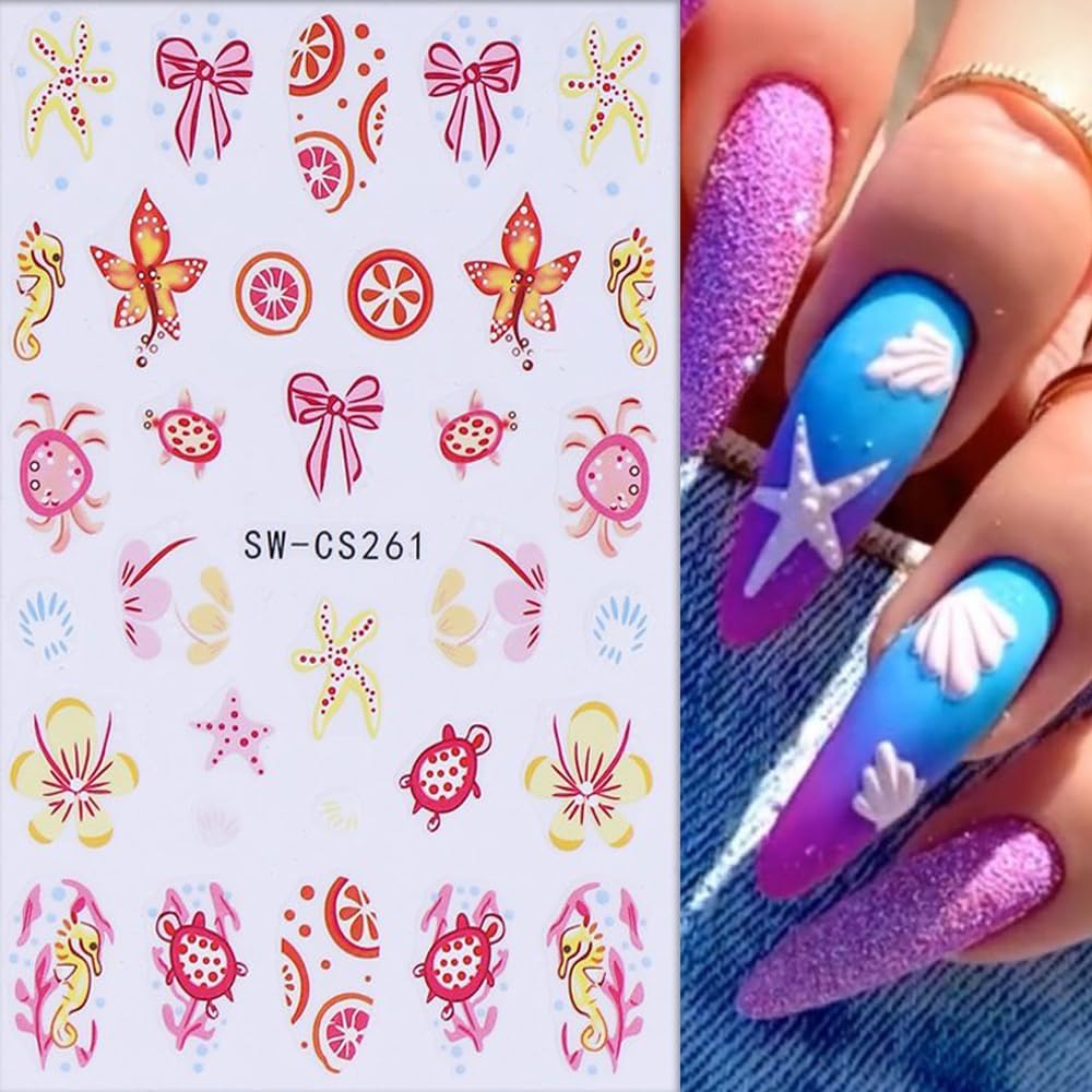 6 Sheets Marine Life Nail Art Stickers 3D Self-Adhesive Starfish Turtle Nails Sticker Flower Nail Art Decals Holographic Bow Nails Decal Decoration for Women Floral Manicure DIY Nail Supplies-Velvo Beauty