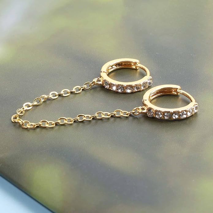 Boho Double Chain Hoop Earrings Gold Cz Hoop Chain Earrings Punk Dangle Chain Earrings Rhinestone Huggies Studs Earrings Jewelry for Women and Girls Gifts-Velvo Beauty
