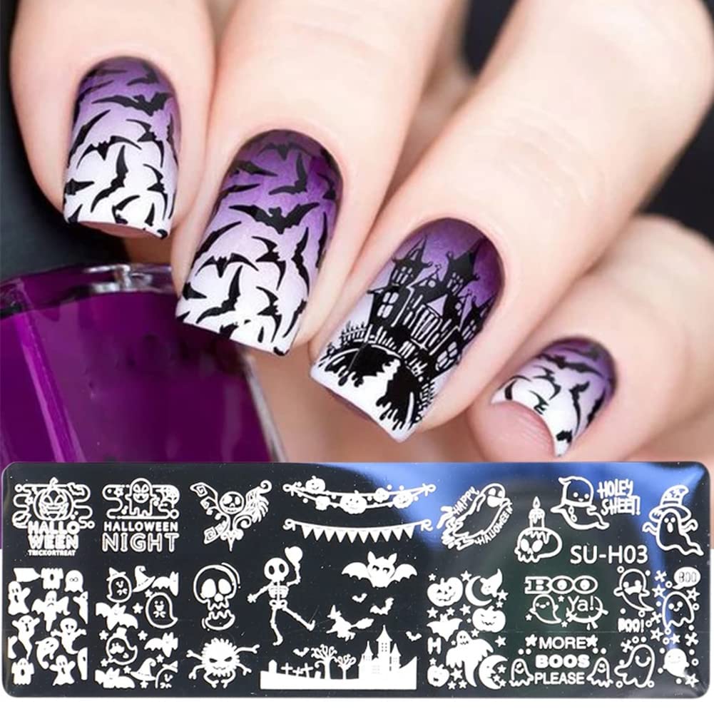 Halloween Nail Stamper Kit: 6 Pcs Stamp Template Plates with 1 Stamper, 1 Scraper - Horror, Ghost, Pumpkin, Skull, Bone Images - DIY Nail Art Set-Velvo Beauty