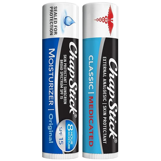 ChapStick Dry Lips & Cold Sore Pain Relief Bundle – Classic Medicated ChapStick + Original Moisturizer Lip Balm with SPF 15, 0.15 Ea (2 Piece Set)-Velvo Beauty