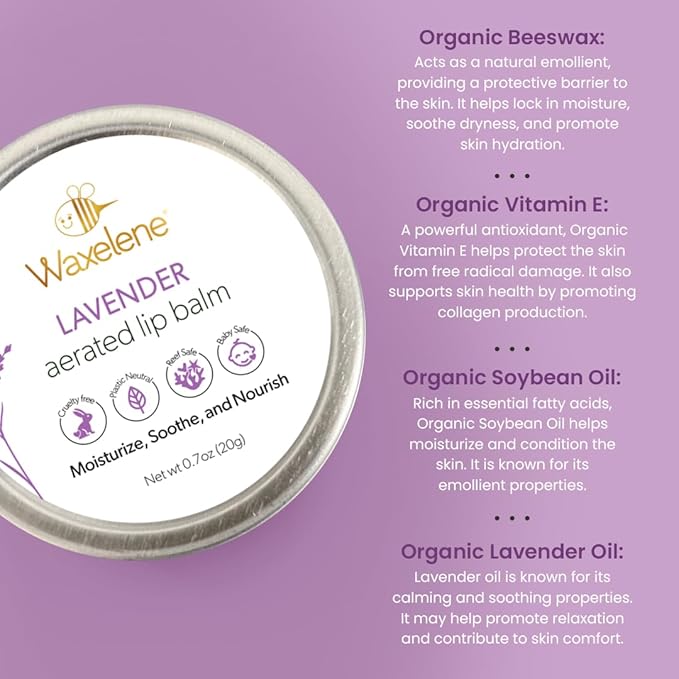 Waxelene Lavender Aerated Lip Balm Tin 4 Piece, Best Lip Balm Ever Organic Calming Multipurpose Ointment Baby Eczema Dry Skin Face Moisturizer-Velvo Beauty