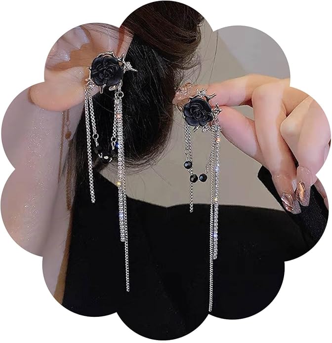 Punk Black Rose Flower Earring Long Rhinestone Chain Drop Earrings Silver Cz Tassel Chain Earrings Black Rose Flower Ear Cuff Earring Jewelry for Women-Velvo Beauty