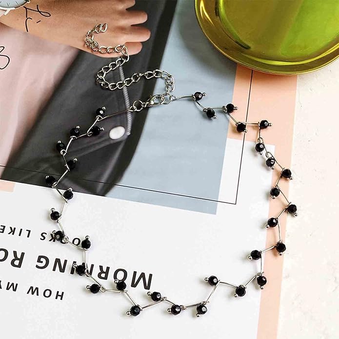 Black Crystal Choker Necklace Short Black Beaded Choker Necklace Silver Chain Necklace Minimalist Necklace Jewelry for Women and Girls-Velvo Beauty