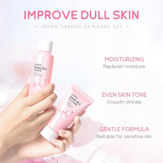 Sakura Skin Care Set, Women Gift Sets, Skin Care Kit with Cleanser, Toner, Serum, Eye Cream, Face Cream, Skin Care Routine Kit for Women, Even Skin Tone, Tighten & Firm Skin-Velvo Beauty