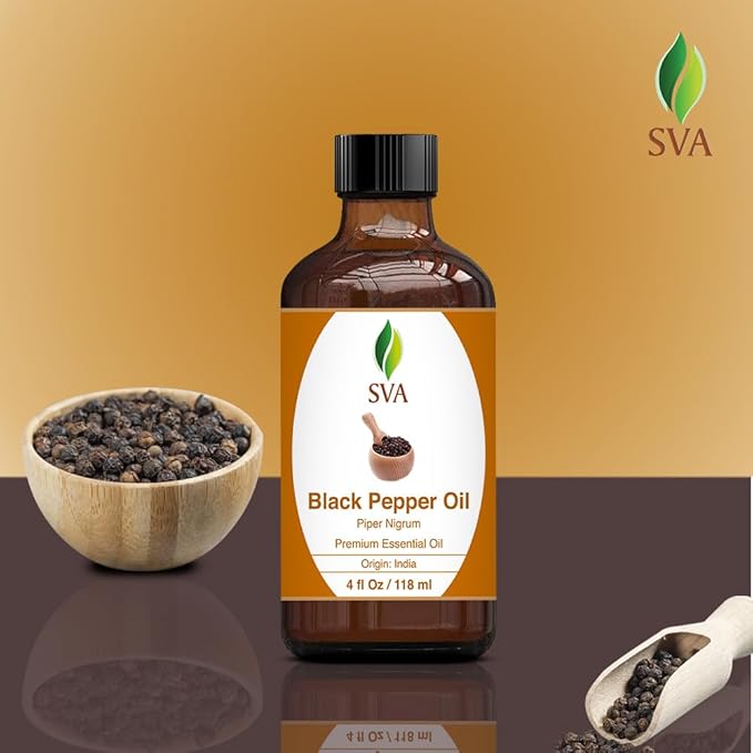 SVA Black Pepper Essential Oil – 4 Fl Oz – 100% Natural Black Pepper Oil - for Diffuser, Hair Care, Face, Skin Care, Aromatherapy, Scalp and Body Massage, Soap and Candle Making – with Dropper-Velvo Beauty