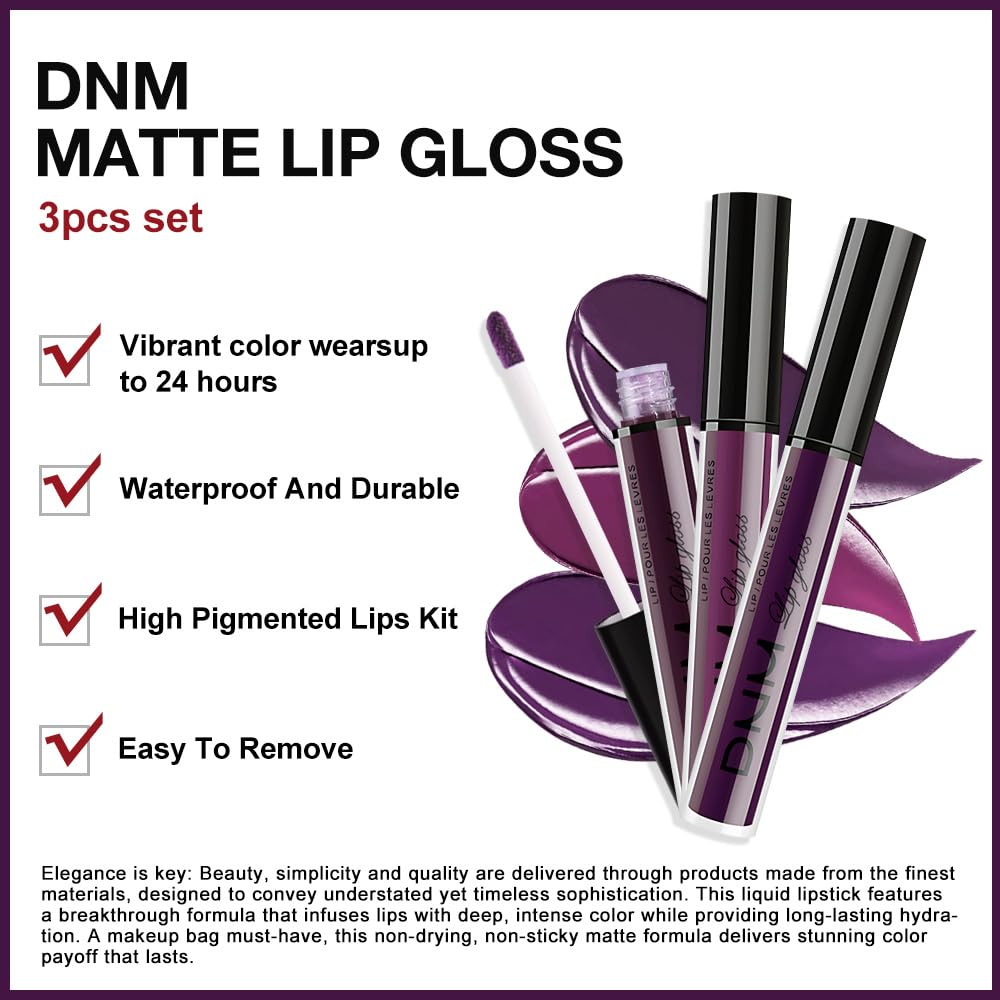 evpct 3Pcs Dark Purple Mauve Plum Maroon Matte Liquid Lipstick Lip Stain Sets for Women Matte+Lipstick Long Lasting Permanent 24 hr Hours Magic Lipstick 24 Hours original Waterproof 22#-Velvo Beauty